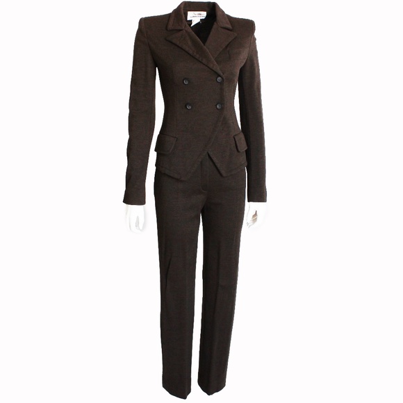 Sonia Rykiel Paris Suit 2pc Cropped Jacket Slim Pants Brown Wool Jersey 1990s - Picture 1 of 11